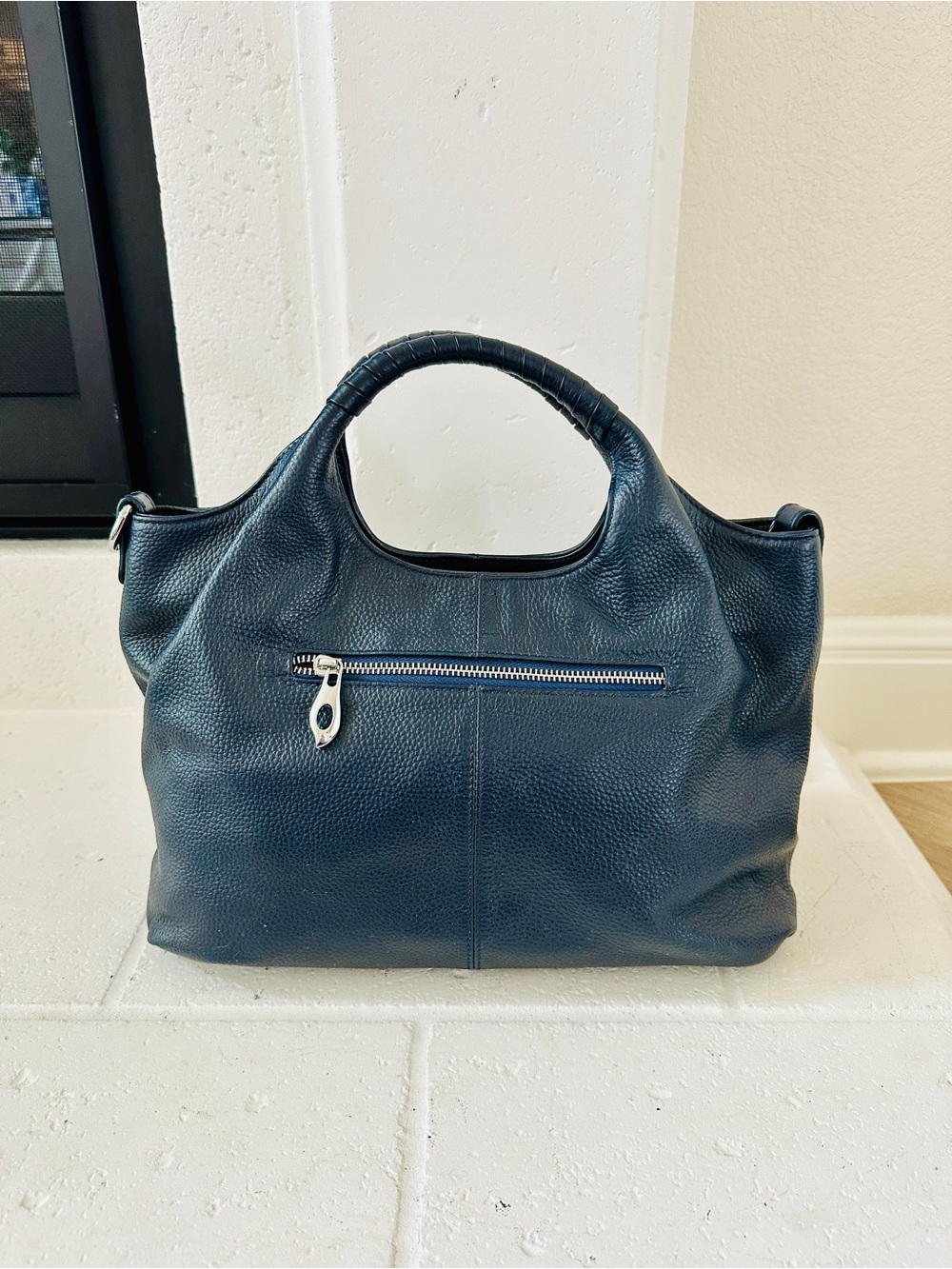 Iswee Textured Navy Genuine Leather Tote with Wrapped Top Handle - Picture 8 of 13